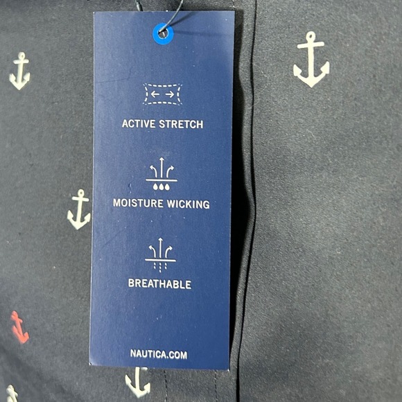 Nautica Navtech Mens M Anchor Print Short Sleeve Button Up Shirt Navy Brand New - Picture 5 of 10